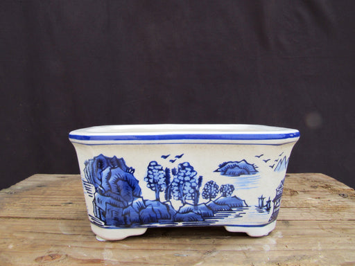 Blue on White Scenic Porcelain Bonsai Pot - Rectangle