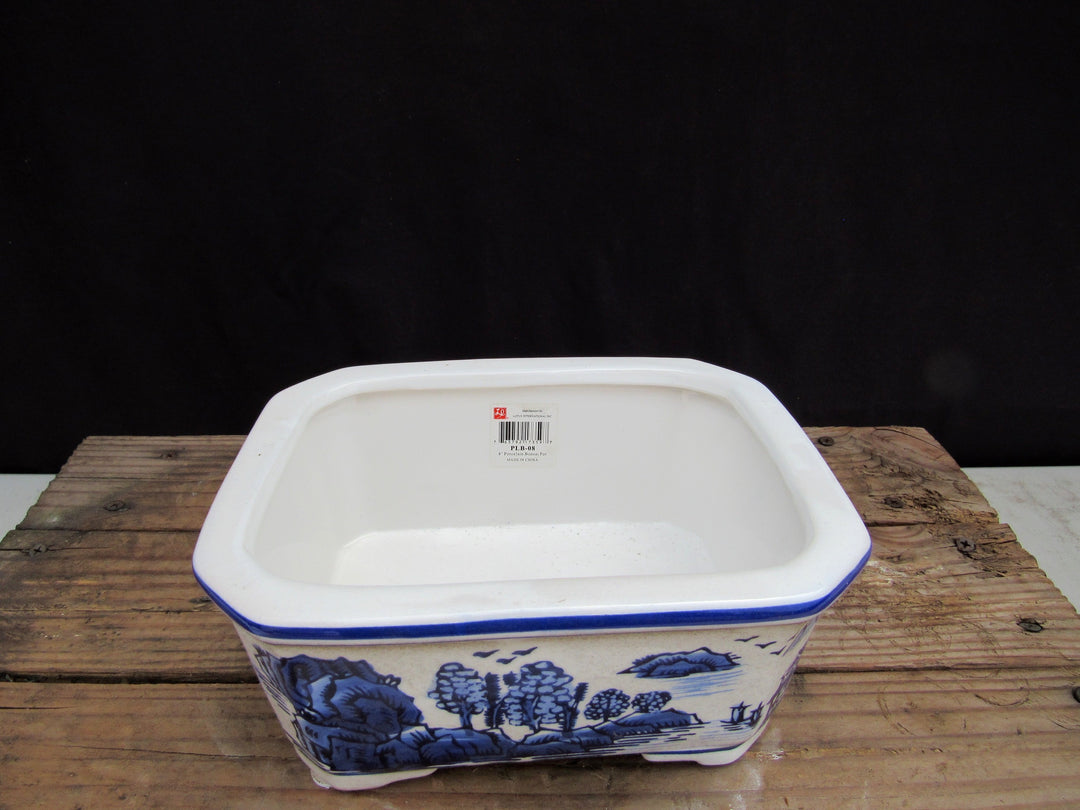 Blue on White Scenic Porcelain Bonsai Pot - Rectangle - INside