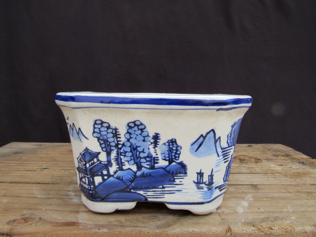 Blue on White Scenic Porcelain Bonsai Pot - Rectangle - Side