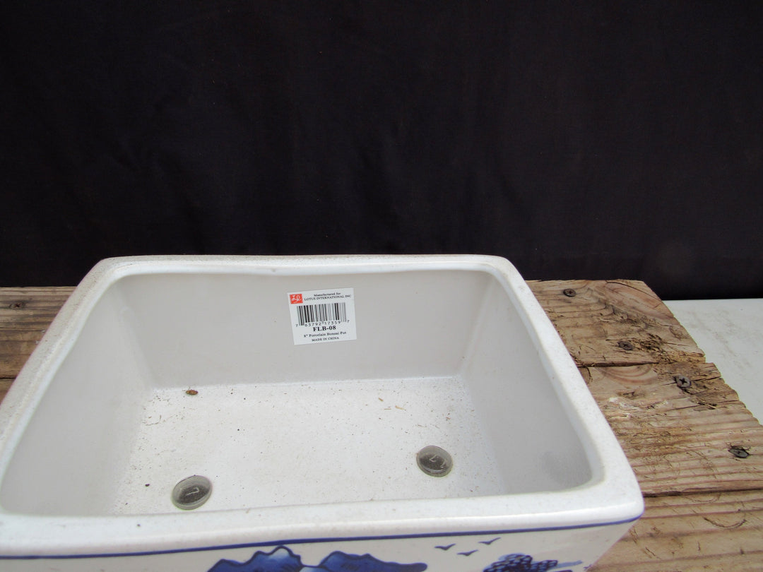 Blue on White Village Scene Porcelain Bonsai Pot - Rectangle - Inside