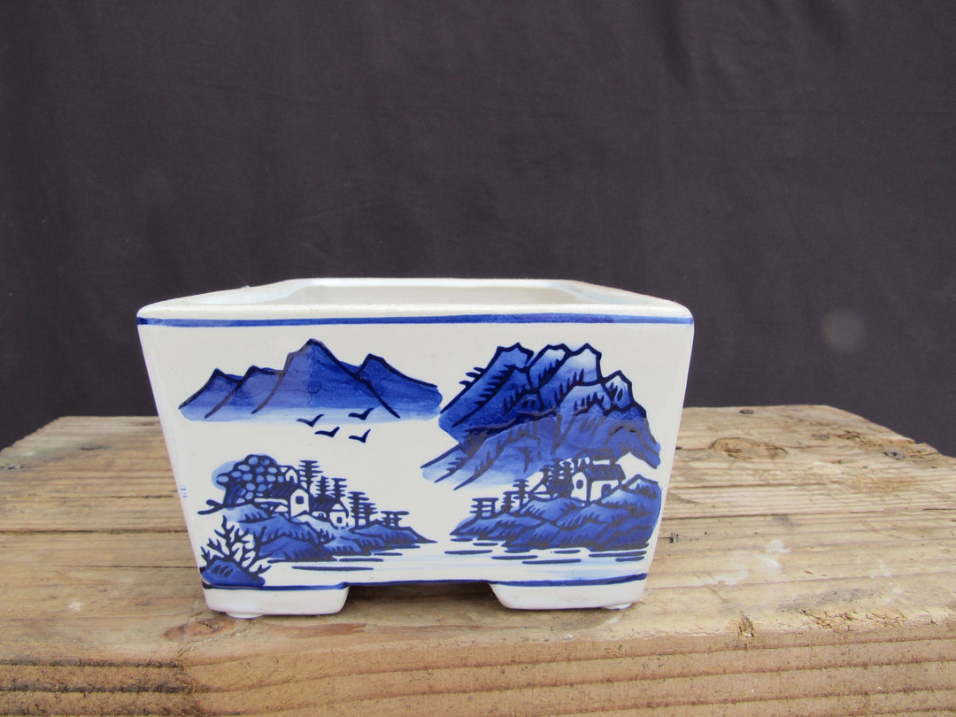 Blue on White Village Scene Porcelain Bonsai Pot - Rectangle - Side