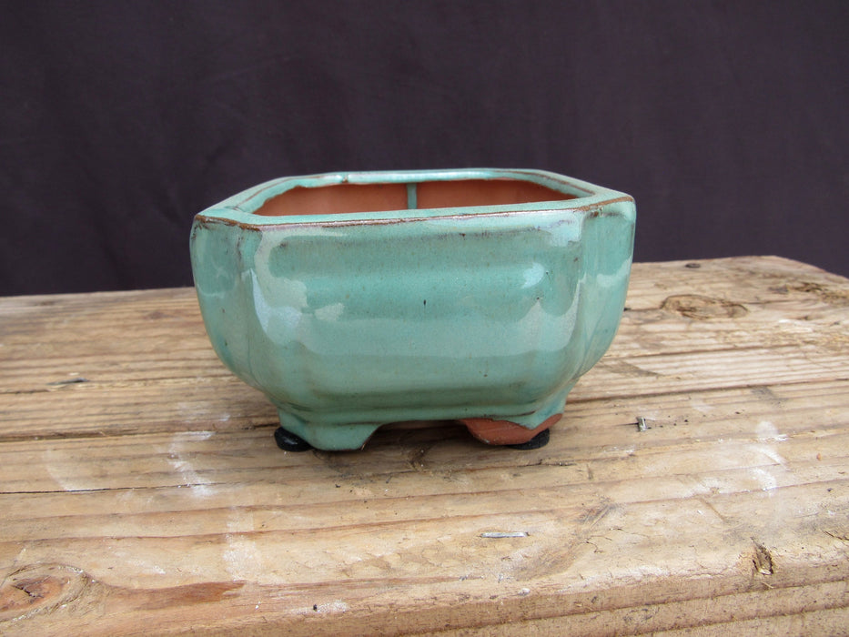 Light Blue Glazed Ceramic Professional Bonsai Pot - Lotus -  Side