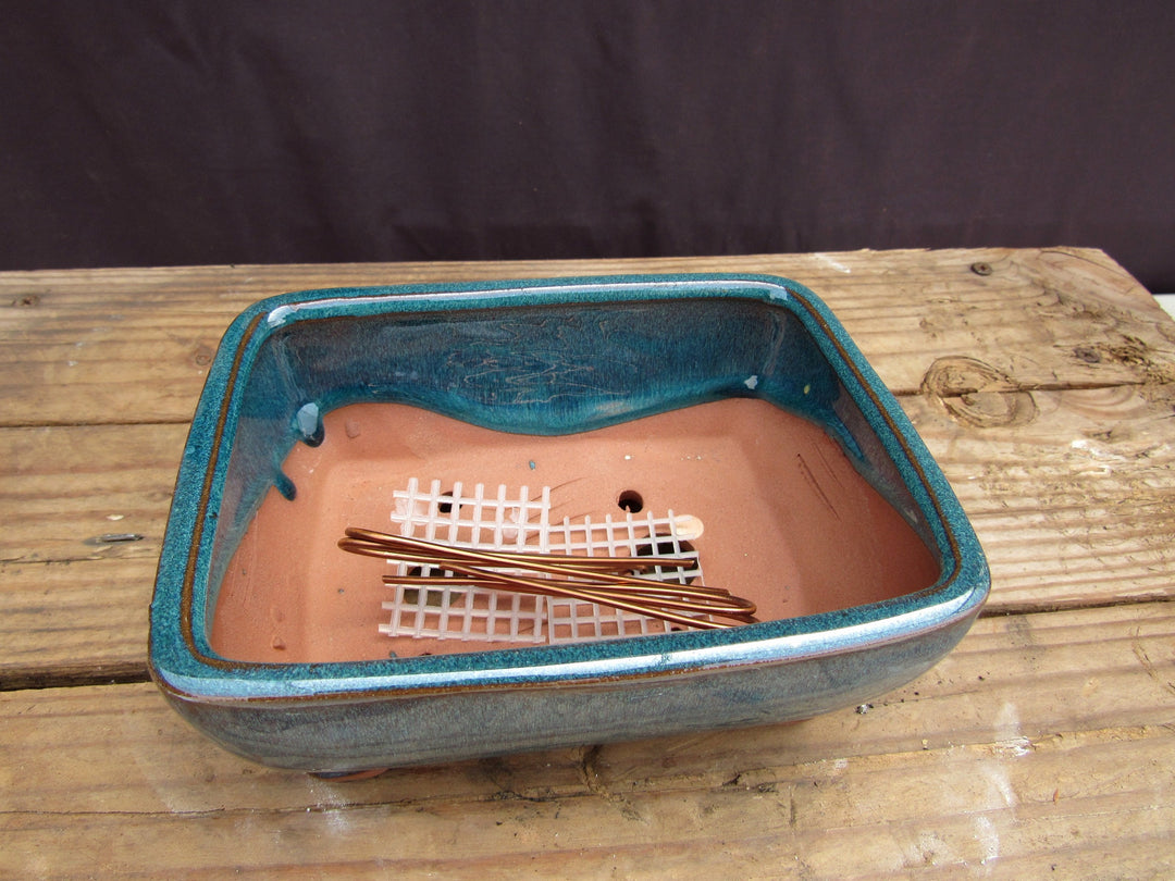 Teal Glazed Ceramic Professional Bonsai Pot - Rectangle - Pre Wired
